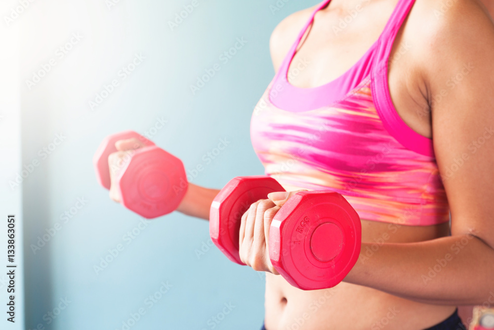 Woman in pink sport bra holding red dumbbells. Workout concept Woman in pink sport bra holding red dumbbells. Workout concept