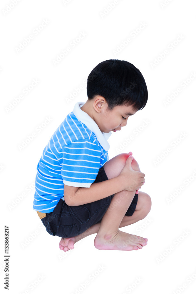Full body of child injured at knee. Isolated on white background