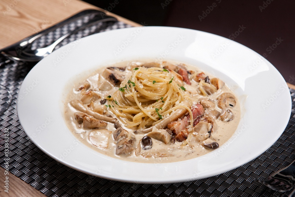 mushroom cream pasta on plate mushroom cream pasta on plate