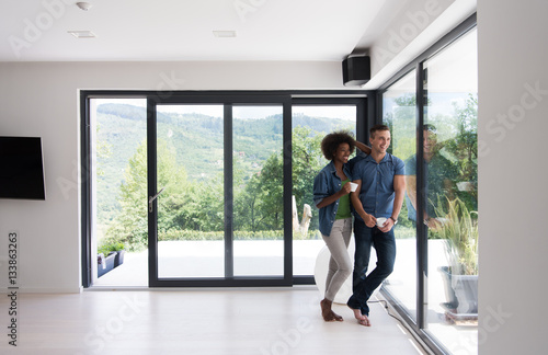 romantic happy young couple relax at modern home indoors