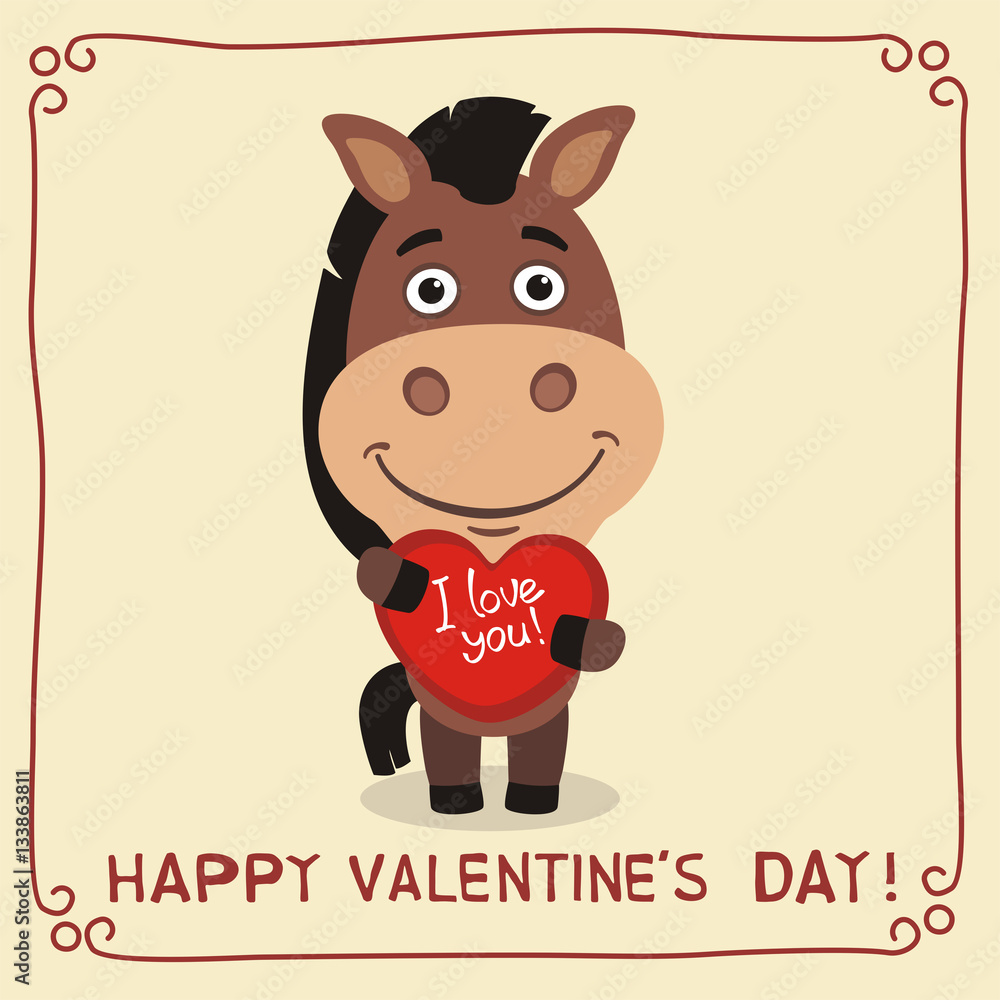 Happy Valentine's Day! I Love You! Funny horse with heart in hands. Valentines  day card with horse in cartoon style. Stock Vector | Adobe Stock