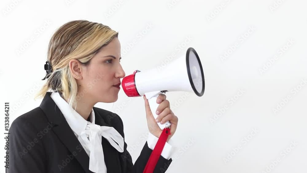 Buisness woman shout with loudspeaker side view