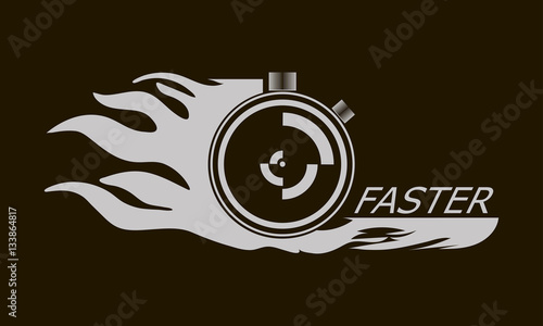 Stopwatch, flame nadpis- faster. Dynamic banner print for light industry, T-shirts or posters