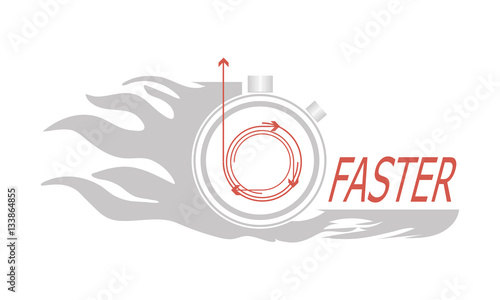 Stopwatch, flame nadpis- faster. Dynamic banner print for light industry, T-shirts or posters