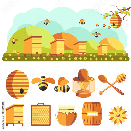 Beekeeping icons set: honey, bee