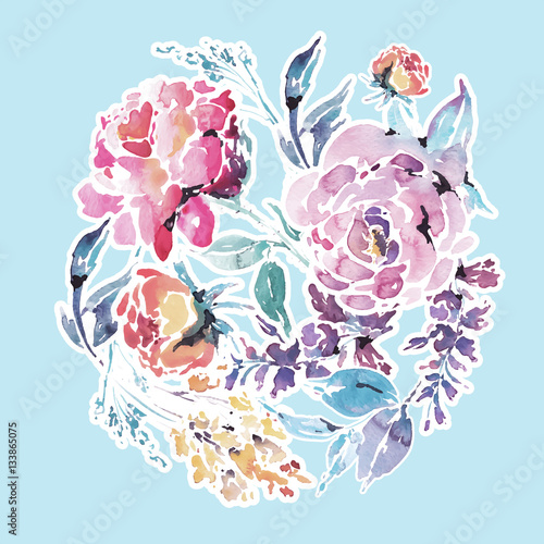 Vector watercolor floral round frame of red roses
