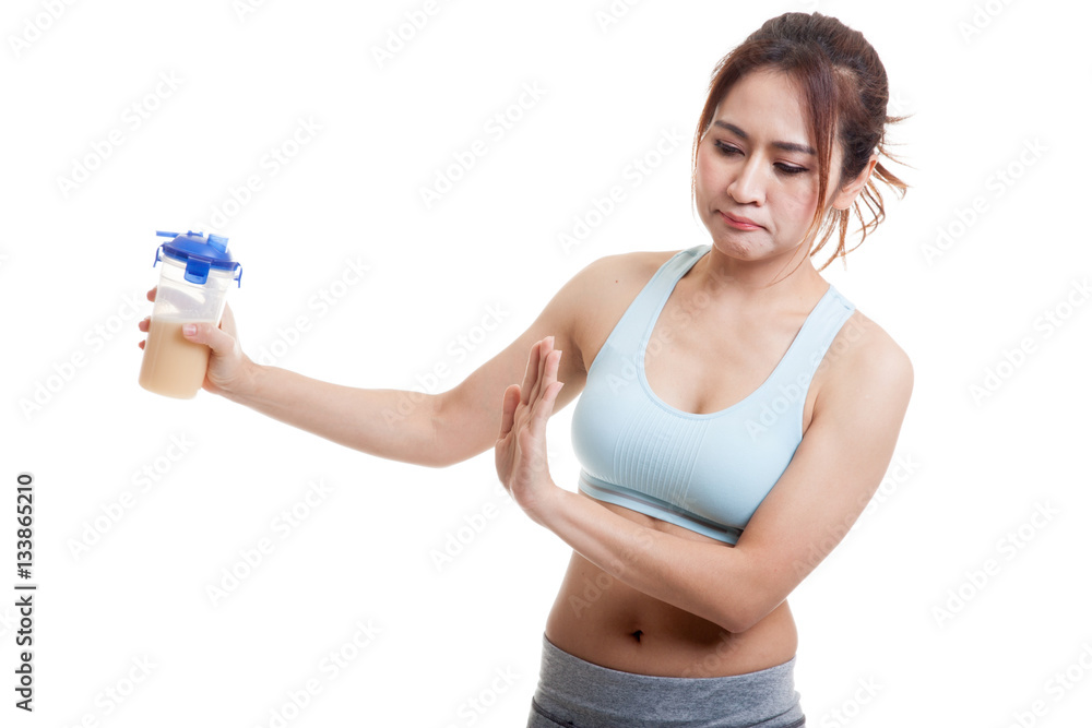 Beautiful Asian healthy girl hate whey protein. Beautiful Asian healthy girl hate whey protein.