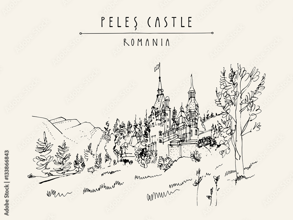 Sinaia, Romania, Europe. Peles castle. Neo-Renaissance architecture. Hand drawn vintage touristic postcard