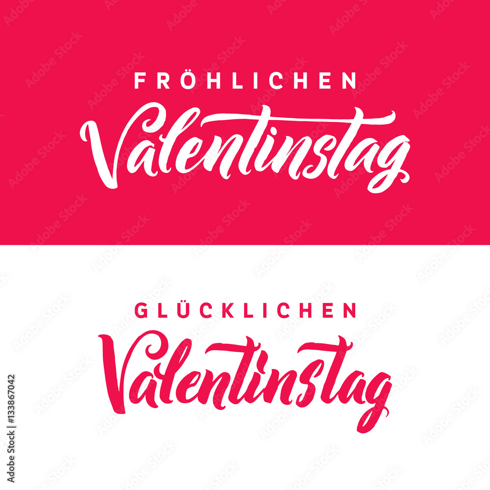 Happy Valentines Day. German Black and Pink Lettering Greeting Card White Background. Hand Drawn Calligraphy. Lovely Poster