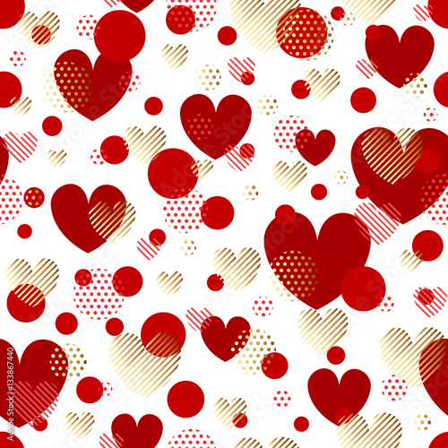 Valentines Day seamless modern luxury pattern. Festive abstract background with gold and red hearts for cards, banners, posters, wallpapers, textiles, fabrics, wrapping papers, packaging etc