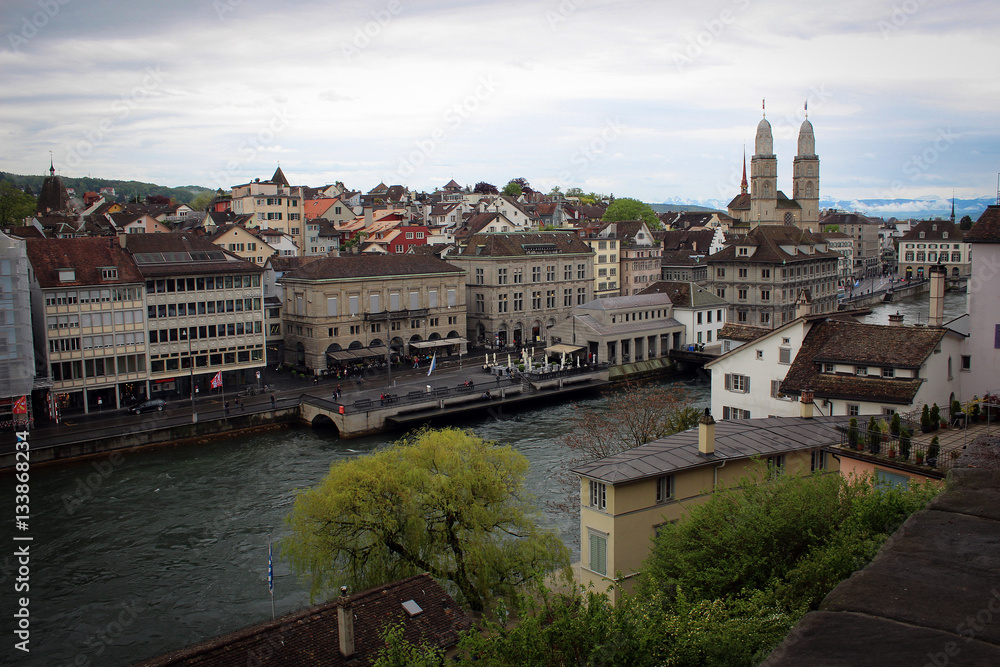 View on Grossmünster and Limmat river, Zurich, Switzerland