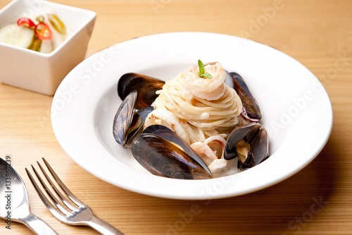 seafood cream pasta on plate