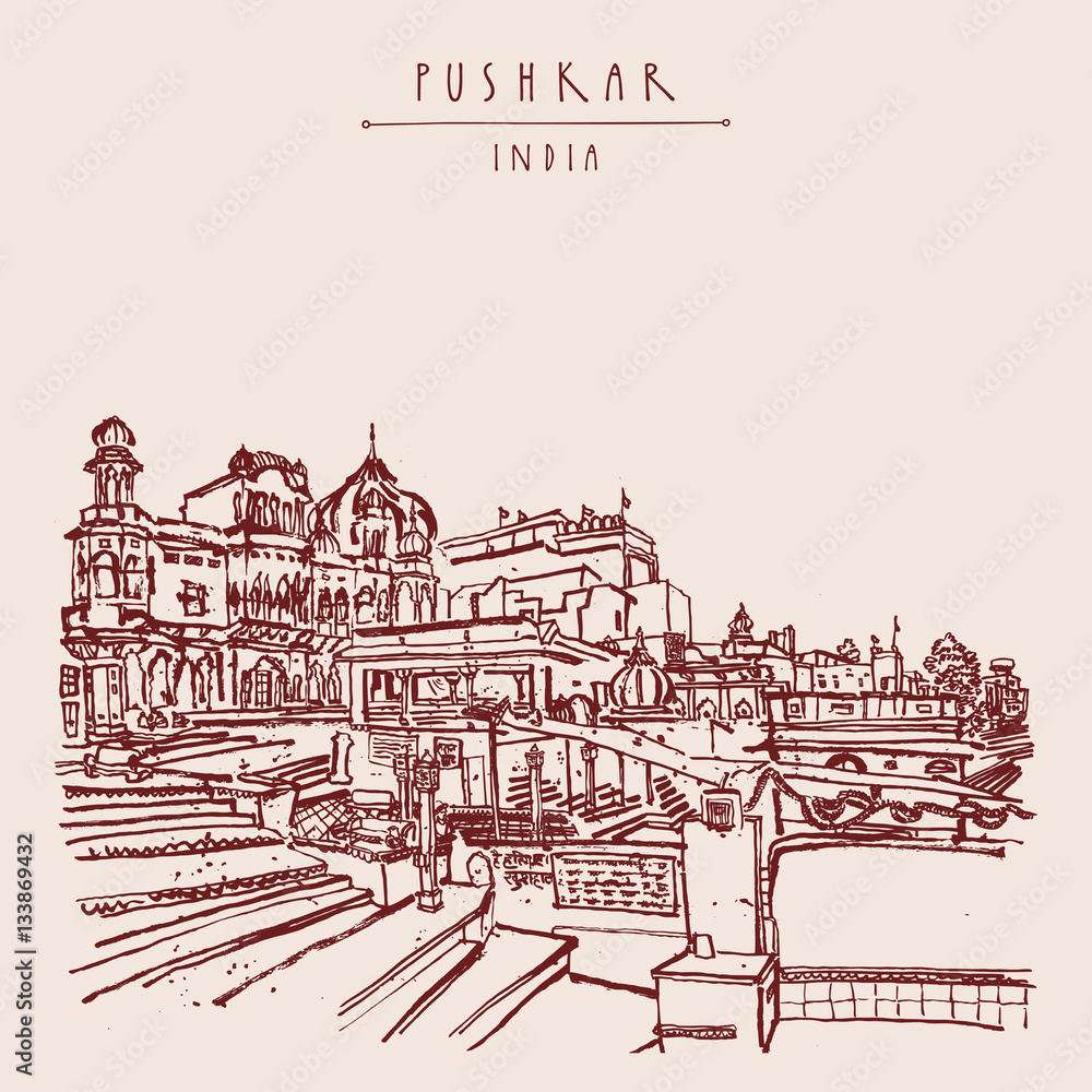 Pushkar, Rajasthan, India. Brahma ghat. Monochromatic vintage touristic postcard, poster template, calendar page idea. Sketchy hand drawing and hand lettered title
