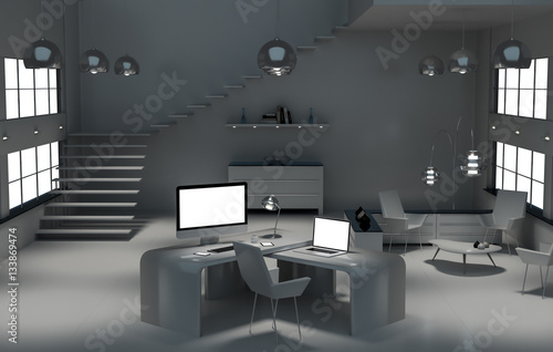Modern dark desk office interior with computer and devices 3D re