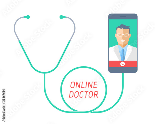 Slika na platnu Stethoscope with mobile phone, doctor on the screen
