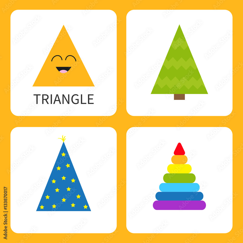 Learning triangle form shape. Smiling face. Cute cartoon character. Fir-tree Christmas tree magic magician hat , colorful pyramid toy set. Educational cards for kids. Flat design. White background. Learning triangle form shape. Smiling face. Cute cartoon character. Fir-tree Christmas tree magic magician hat , colorful pyramid toy set. Educational cards for kids. Flat design. White background.