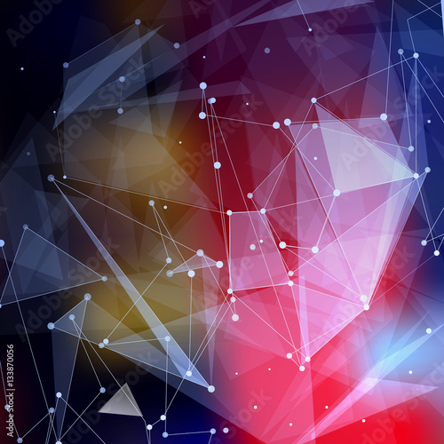 Abstract composition, pink polygonal texture, triangle part construction, cybernetic dots, lines plexus, brochure title sheet, creative figure icon, crystal facets surface, banner form, flyer font