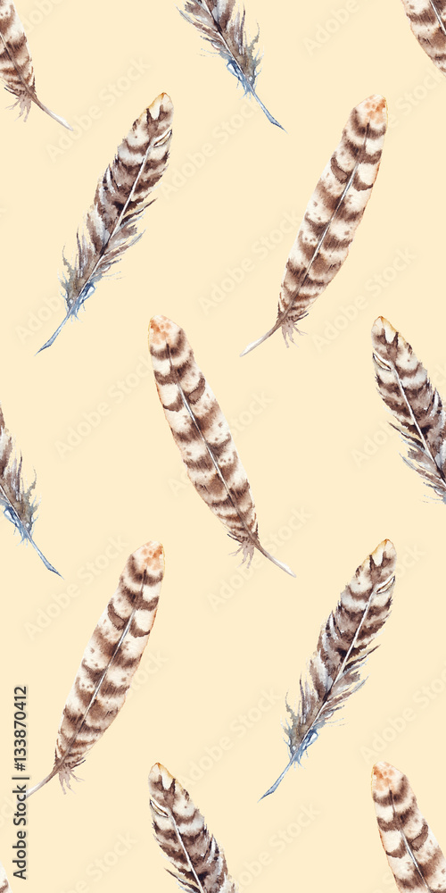 Watercolor brown beige stripe feather seamless pattern Watercolor brown beige stripe feather seamless pattern