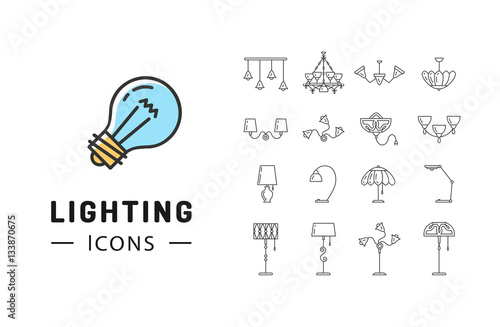 Lamp icon set, lighting store flat design. Thin line symbols: chandelier, lampshade, decorative lightings, wall lamp. Brand identity graphics, business concept. Vector isolated black icons