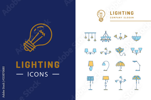 Lamp icon set, lighting store flat design. Thin line symbols: chandelier, lampshade, desk lamp, decorative lightings. Brand identity graphics, business concept. Vector isolated colorful icons