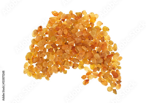 Yellow raisins isolated on white background, top view