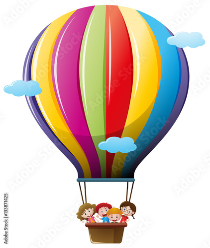 Children riding on colorful balloon