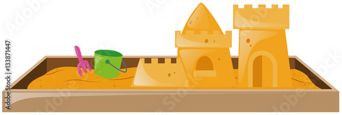 Sandbox with sandcastle and bucket