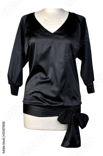 Elegant female blouse. black satin blouse dressed on a mannequin, isolated on white background