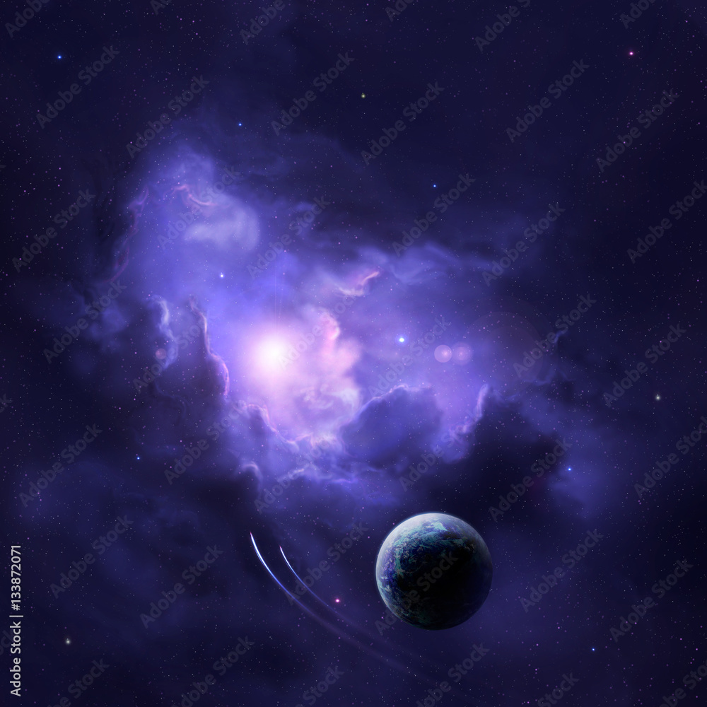 Space background. Violet nebula with planet. Elements furnished by NASA. 3D rendering