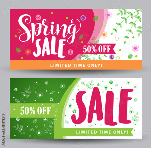 Spring sale banners with different colorful designs for spring seasonal promotions with plants and flowers elements and decoration in white background. Vector illustration.
 photo