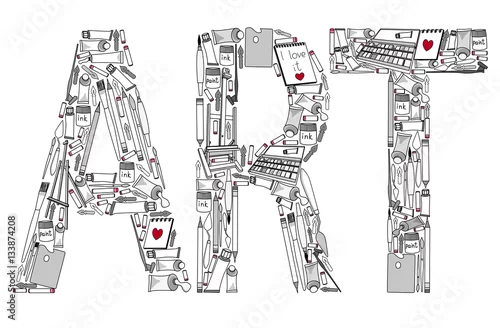 Naklejka na ścianę Sztuka - napis narzędzi artysty. Narzędzia artysty - ołówki, pędzle, sztalugi, farby, długopis, atrament. Ilustracji wektorowych.