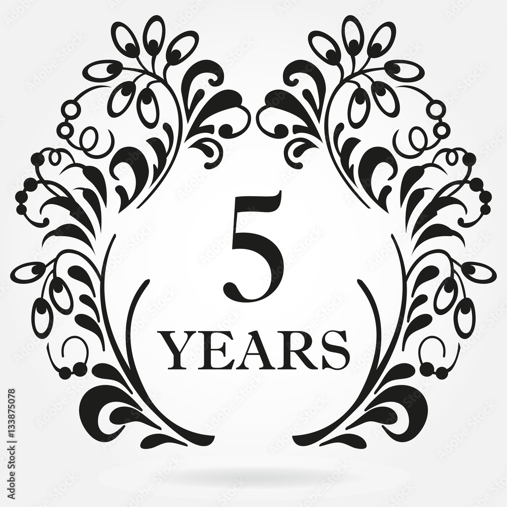 5 years anniversary icon in ornate frame with floral elements. Template
