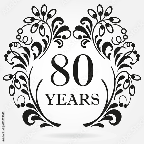80 years anniversary icon in ornate frame with floral elements. Template for celebration and congratulation design. 80th anniversary label. Vector illustration.
