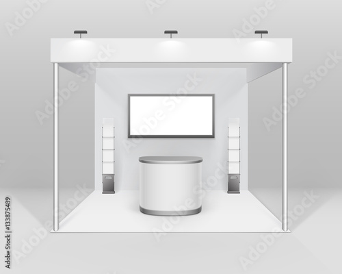 Vector White Blank Indoor Trade exhibition Booth Standard Stand for Presentation with Counter Spotlight Screen Booklet Brochure Holder Isolated on Background