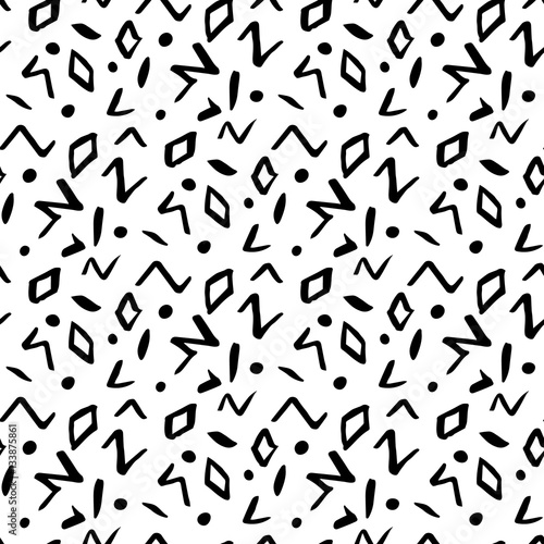 Seamless pattern in memphis style with geometric design ink elements on a white background.