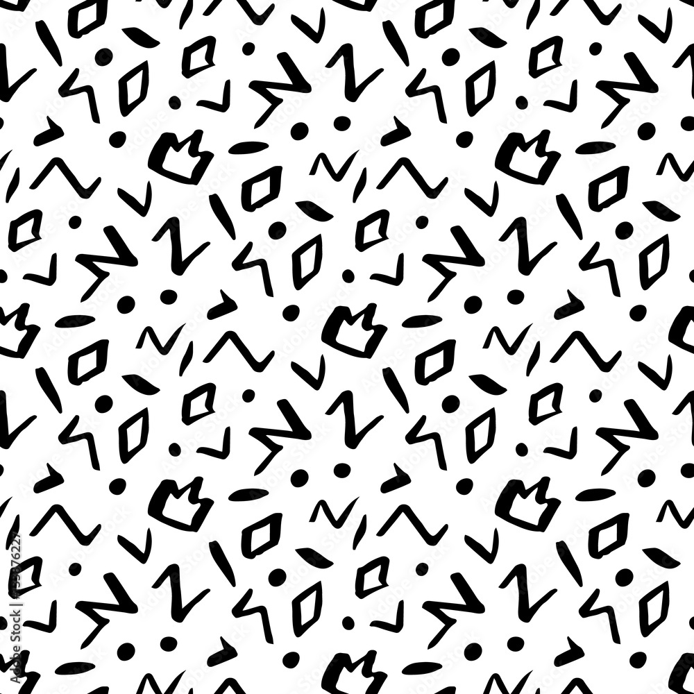 Seamless pattern in memphis style with geometric design ink elements: crown, rhombus, circle, zigzag. Seamless pattern in memphis style with geometric design ink elements: crown, rhombus, circle, zigzag.