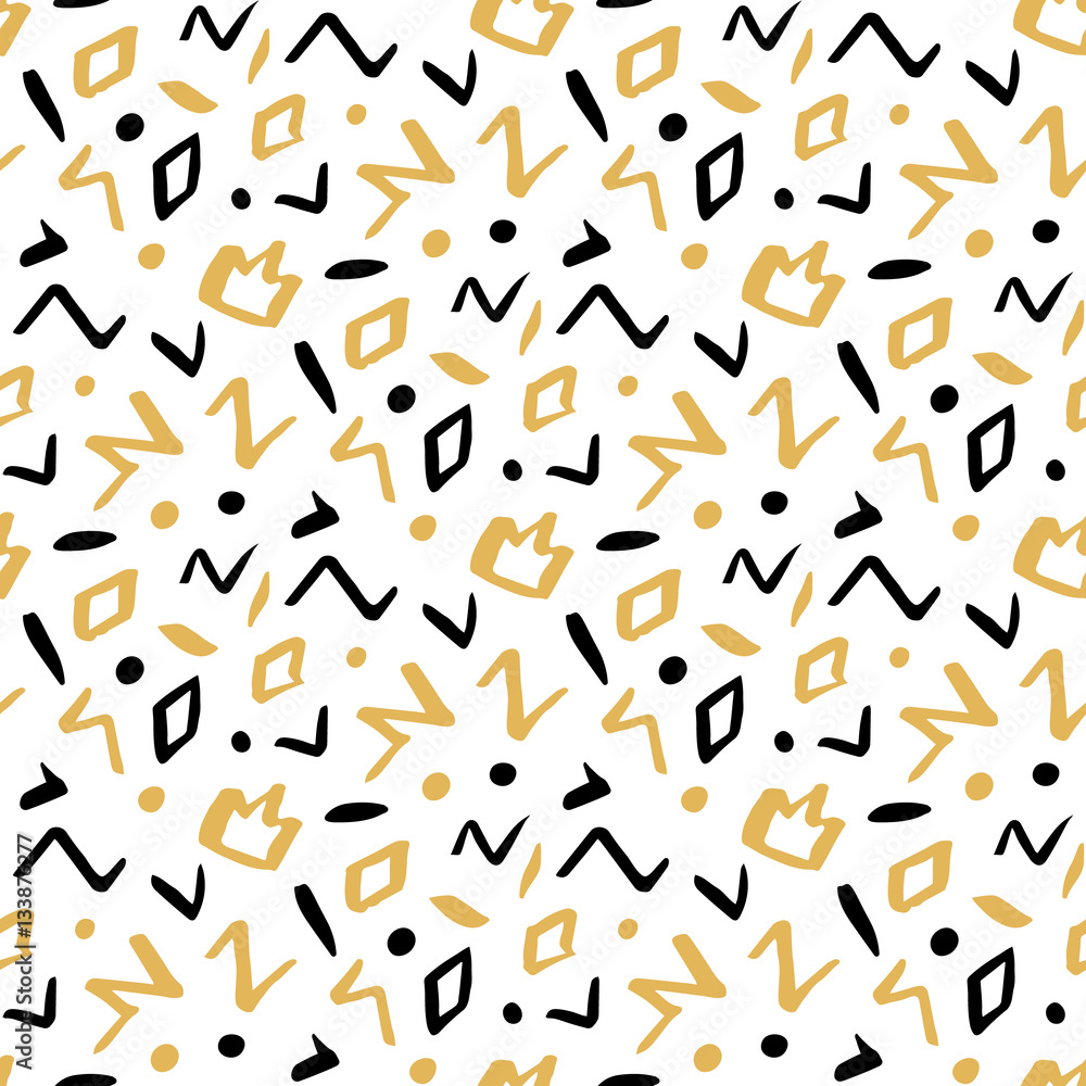 Seamless pattern in memphis style with geometric design ink elements: crown, rhombus, circle, zigzag. In black and gold colors Seamless pattern in memphis style with geometric design ink elements: crown, rhombus, circle, zigzag. In black and gold colors