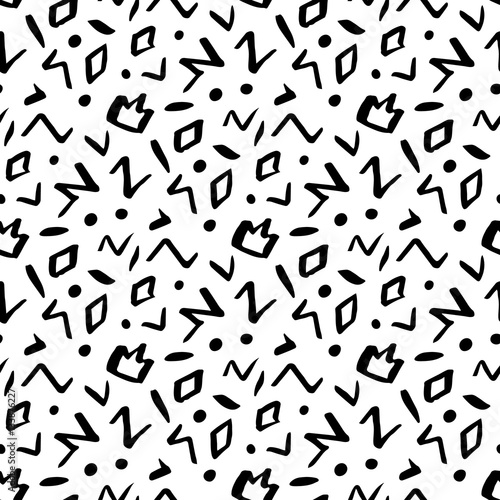 Seamless pattern in memphis style with geometric design ink elements  crown  rhombus  circle  zigzag.