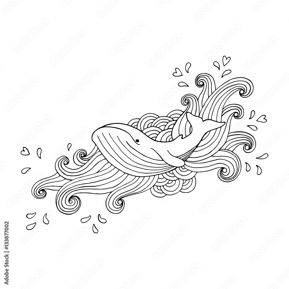 Fototapeta premium Hand-drawing whale in abstract waves on white background. Vector illustration