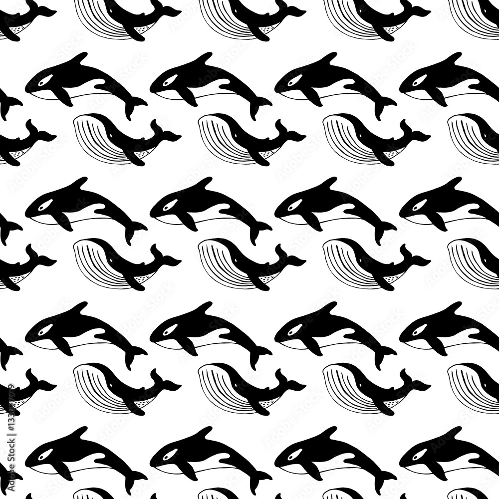 Whale and killer whale, hand-drawn ink. Black and white seamless pattern in marine style. Whale and killer whale, hand-drawn ink. Black and white seamless pattern in marine style.