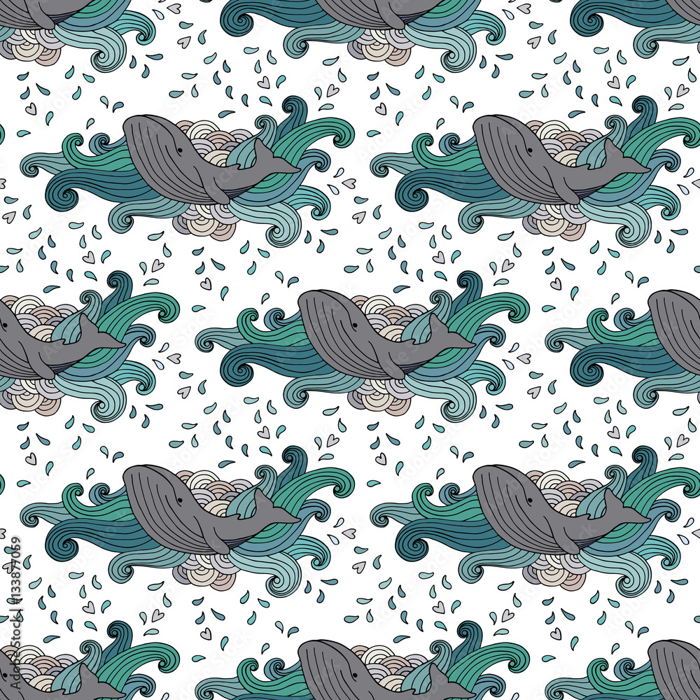 Naklejka premium Seamless pattern with hand-drawing whale in abstract waves on white background. Vector illustration.