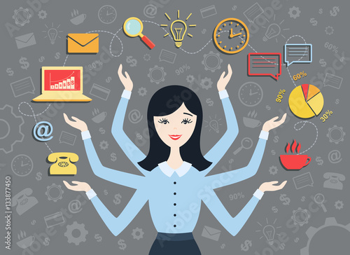 Flat design vector illustration of young business woman, personal assistant or hard working secretary