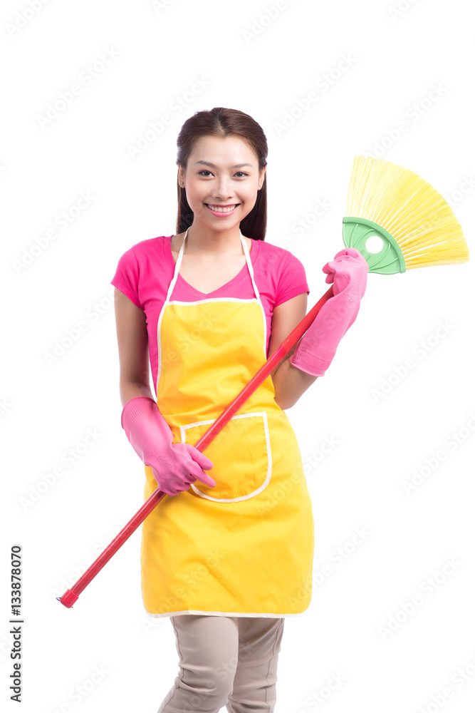 Woman doing housekeeping stuff at home isolated on white backgro Woman doing housekeeping stuff at home isolated on white backgro