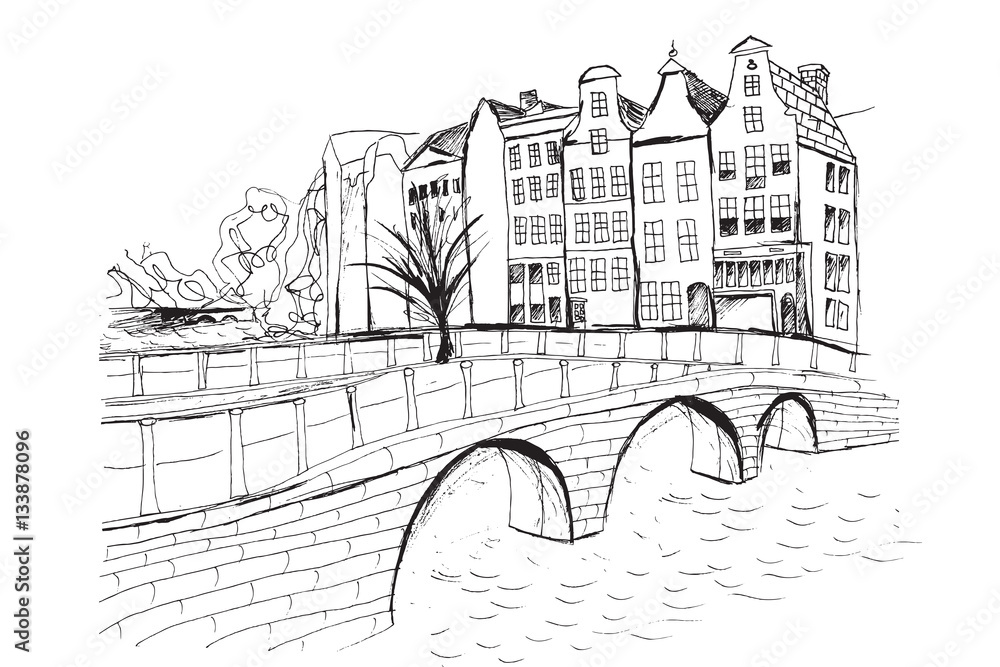 Panorama Amsterdamu/ Rysunek ręcznie rysowany na białym tle.