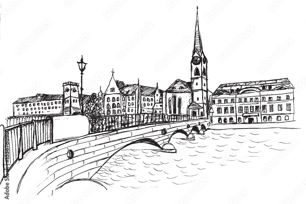 Panorama miasta Zurich.Rysunek ręcznie rysowany na białym tle.