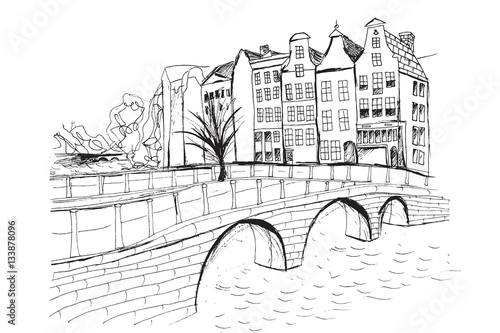 Panorama Amsterdamu/ Rysunek ręcznie rysowany na białym tle.