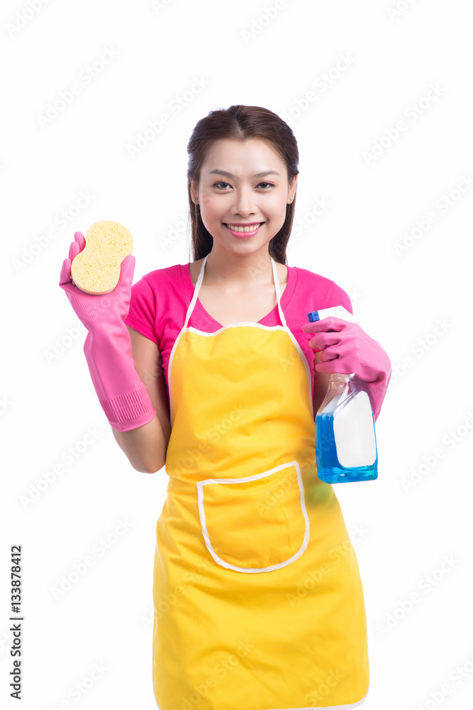 Portrait Of Happy Young Asian Maid Cleaning Glass With Sponge Portrait Of Happy Young Asian Maid Cleaning Glass With Sponge