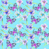 Wild, blue flowers snowdrops and buttrfly, pattern, watercolor