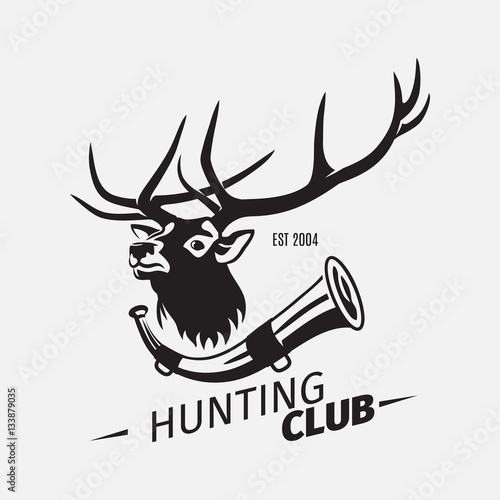 Vintage style vector hunting club logo with wild deer and horn on white background