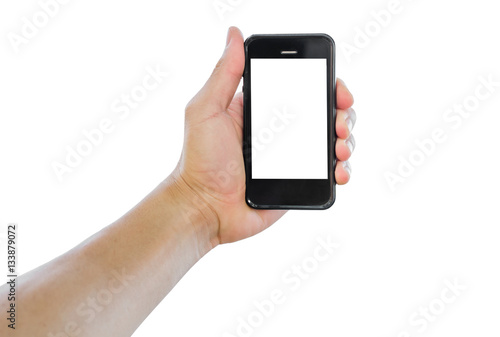 Closeup smartphone and hand on white background